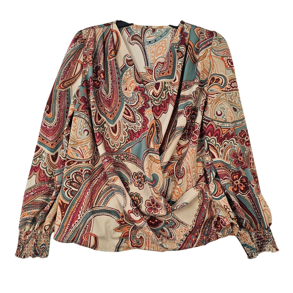 SHEIN XL Paisley Print DrapedSurplice Blouse Smocked CuffLong Sleeve Multi-Color